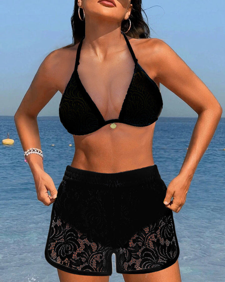 Laluna® | Elegante conjunto de biquíni em renda de cor sólida