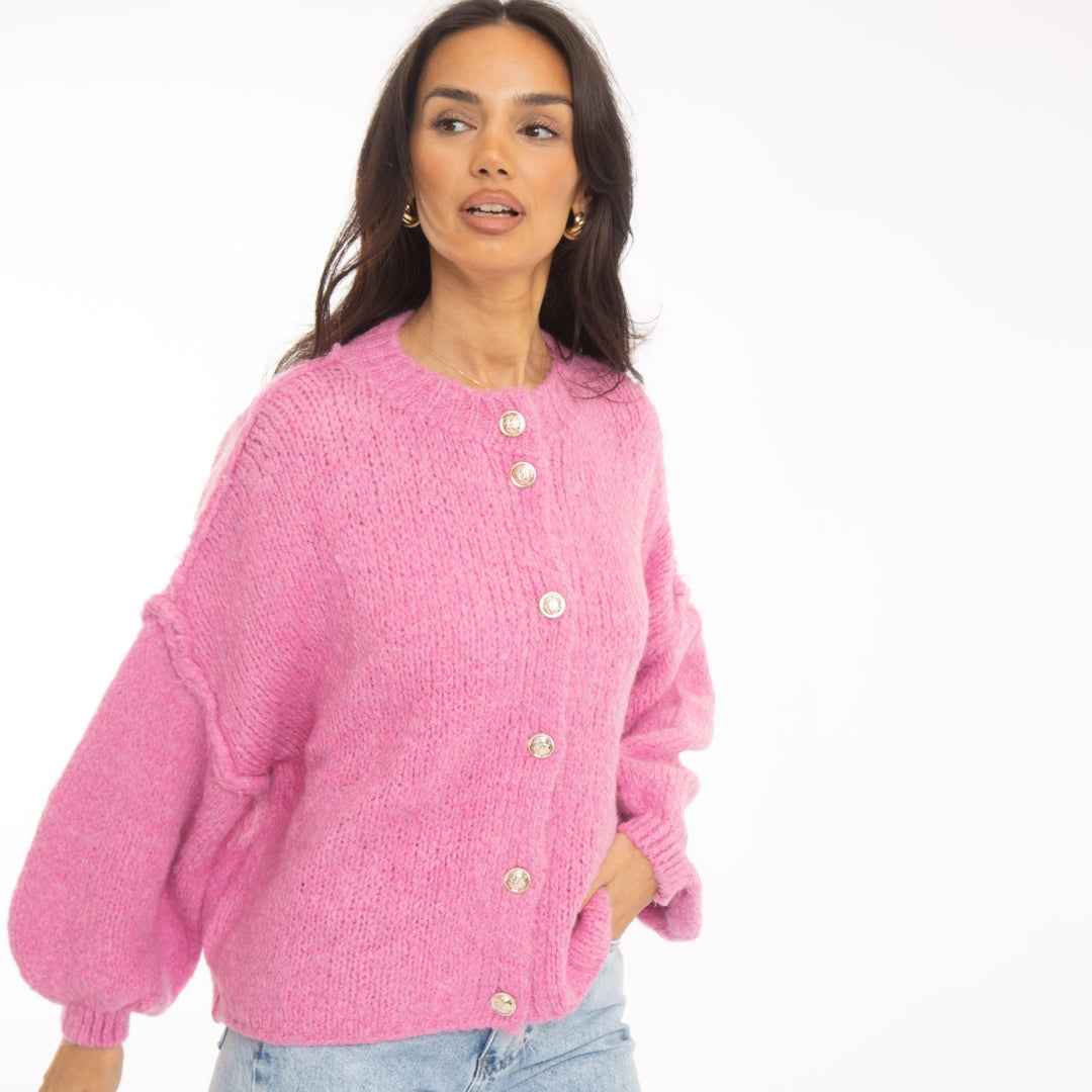 Cardigã Feminino Oversized de Tricô com Botões Dourados