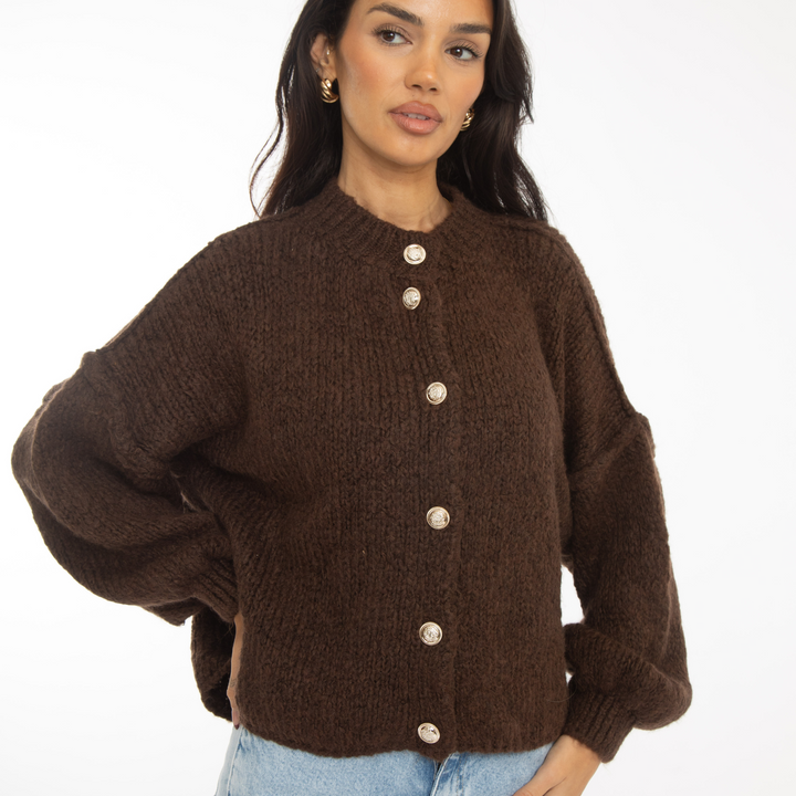Cardigã Feminino Oversized de Tricô com Botões Dourados