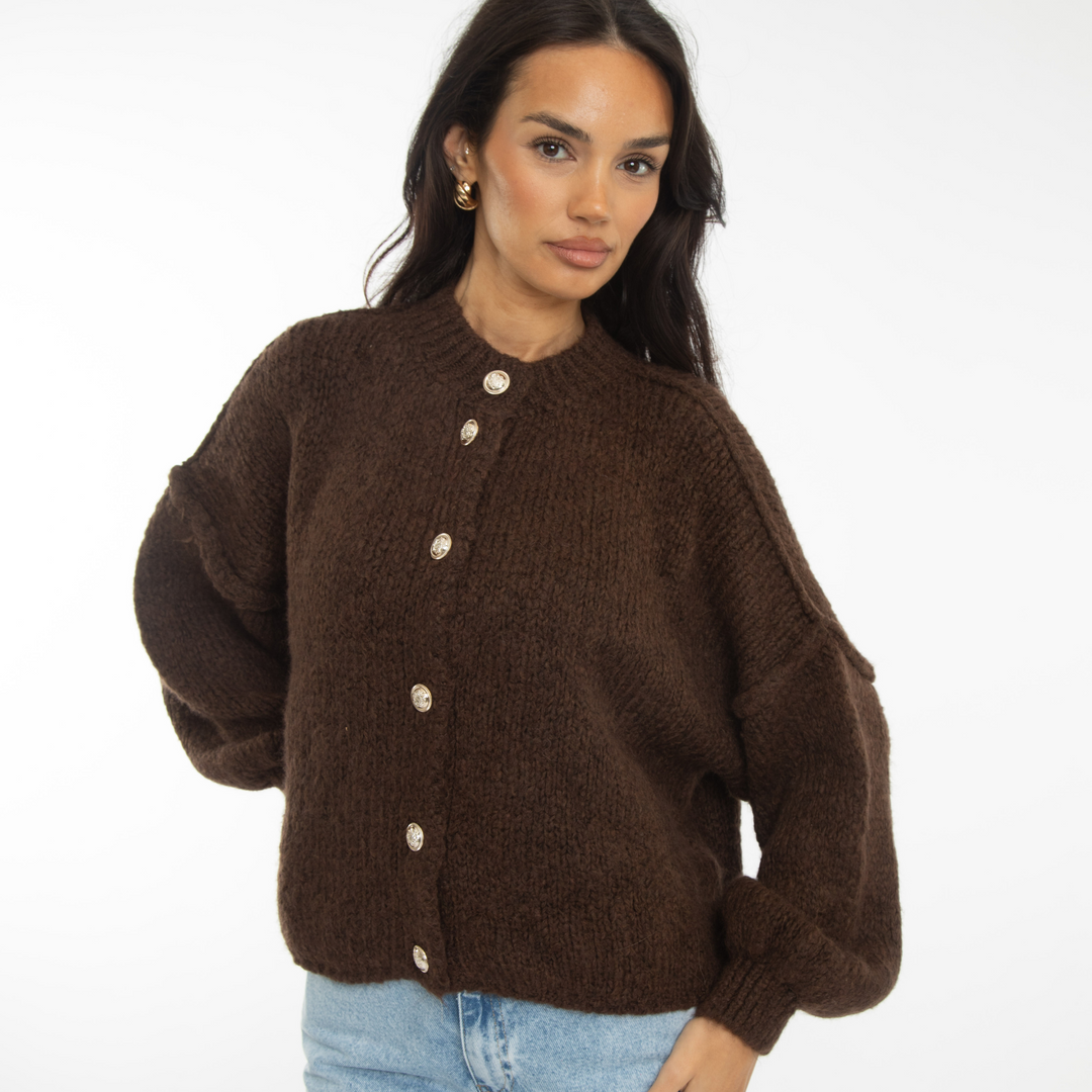 Cardigã Feminino Oversized de Tricô com Botões Dourados