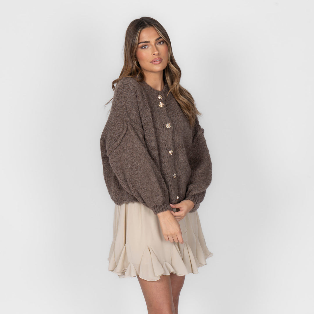 Cardigã Feminino Oversized de Tricô com Botões Dourados