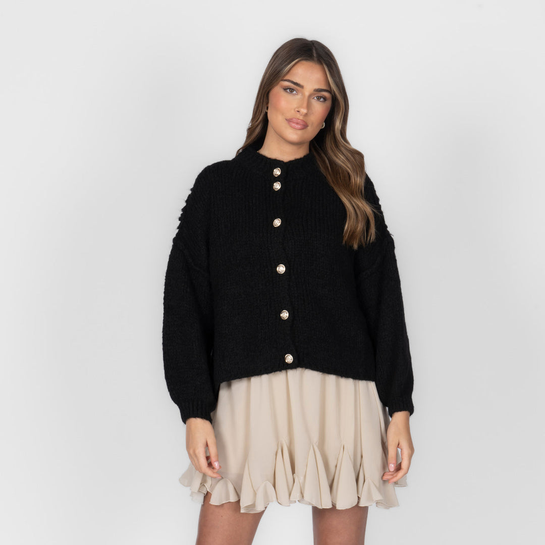 Cardigã Feminino Oversized de Tricô com Botões Dourados