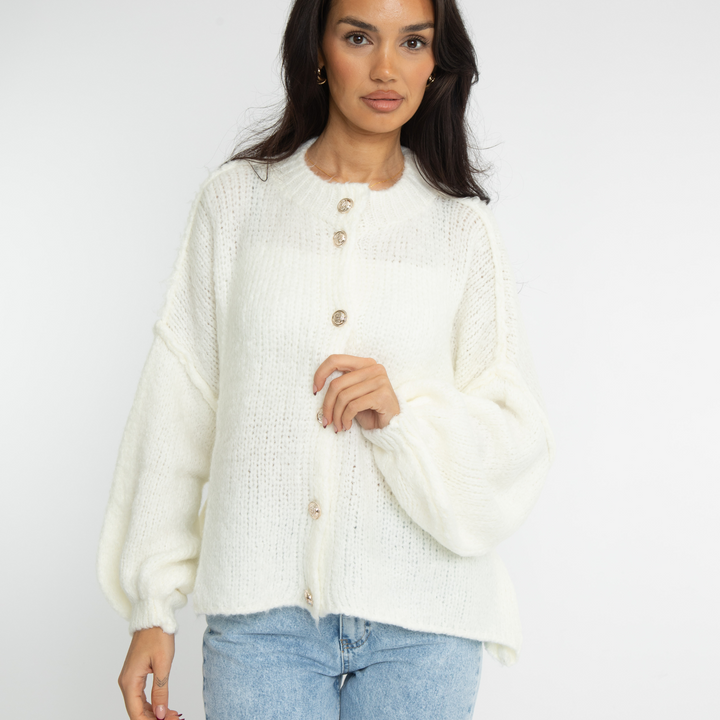 Cardigã Feminino Oversized de Tricô com Botões Dourados