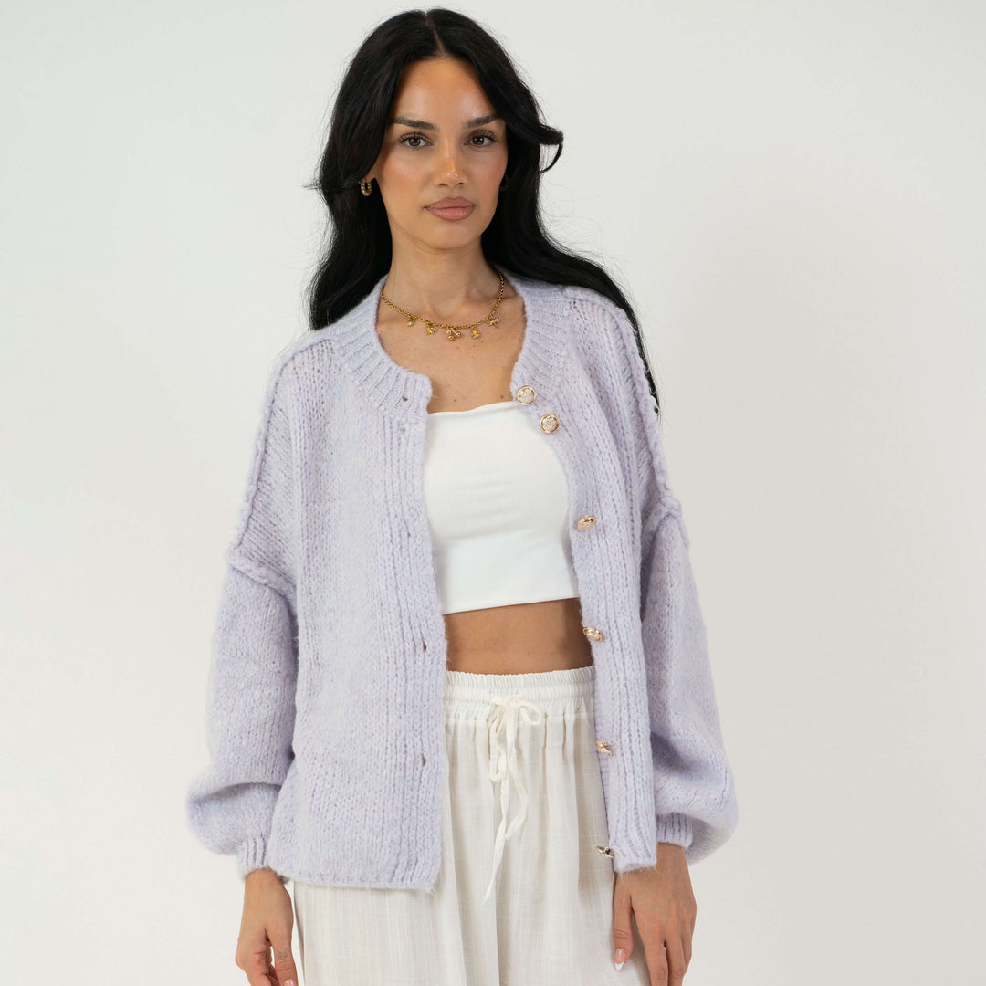 Cardigã Feminino Oversized de Tricô com Botões Dourados