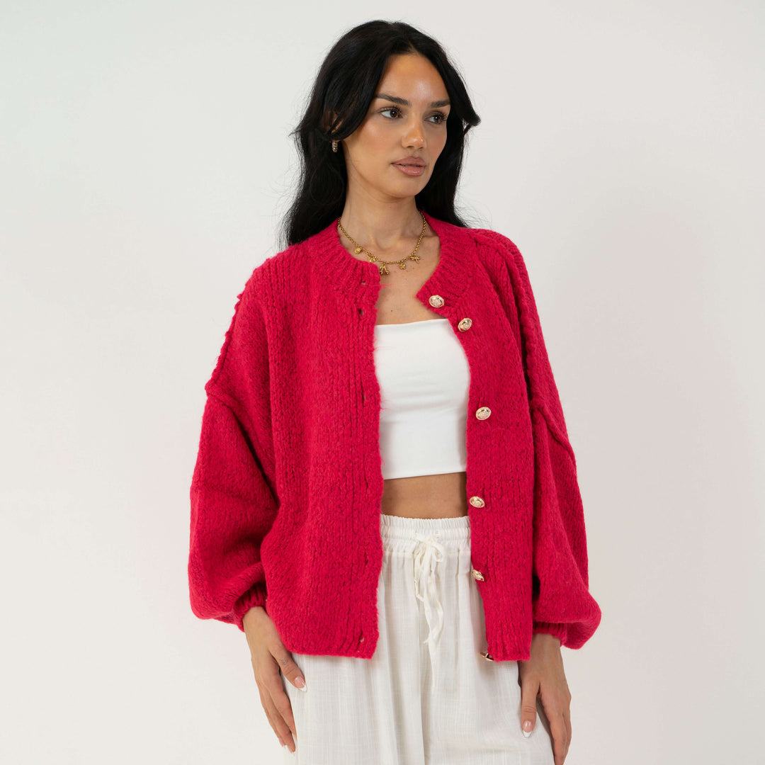 Cardigã Feminino Oversized de Tricô com Botões Dourados