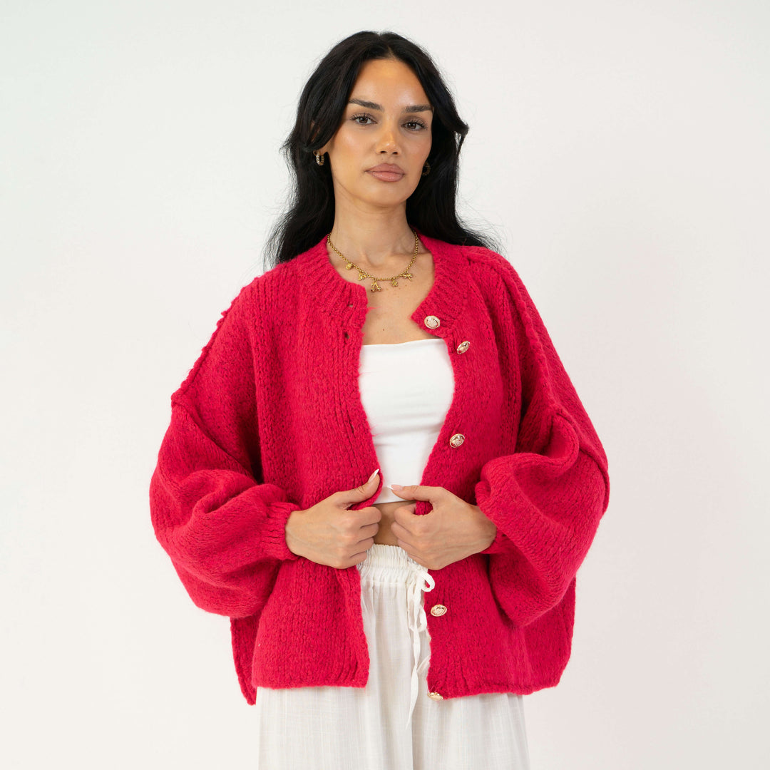 Cardigã Feminino Oversized de Tricô com Botões Dourados