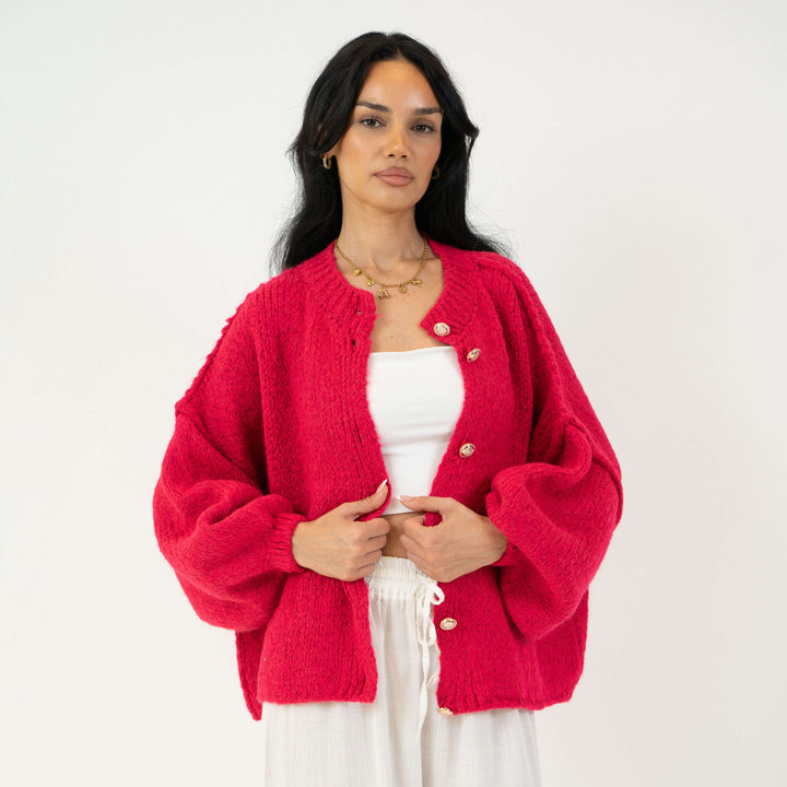 Cardigã Feminino Oversized de Tricô com Botões Dourados
