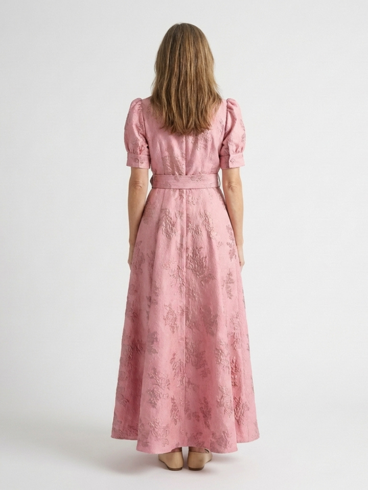 Amélie | Vestido maxi de mangas curtas com cinto em flores