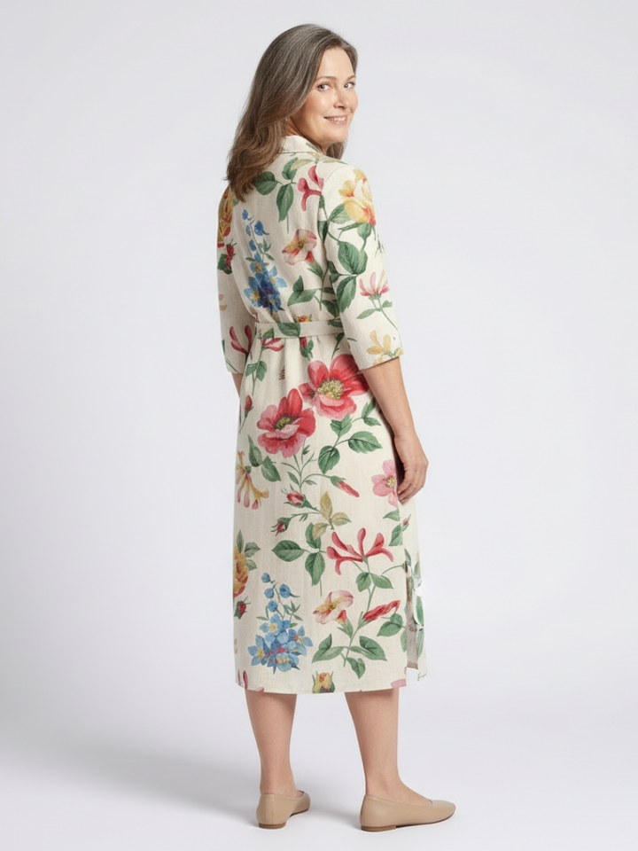 Charlotte | Vestido midi com flores e mangas curtas com botões