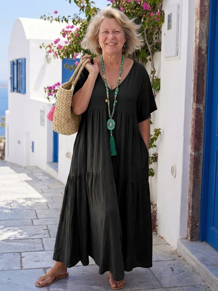 Yvonne | Robe Maxi Azul com Mangas Curtas e Volantes