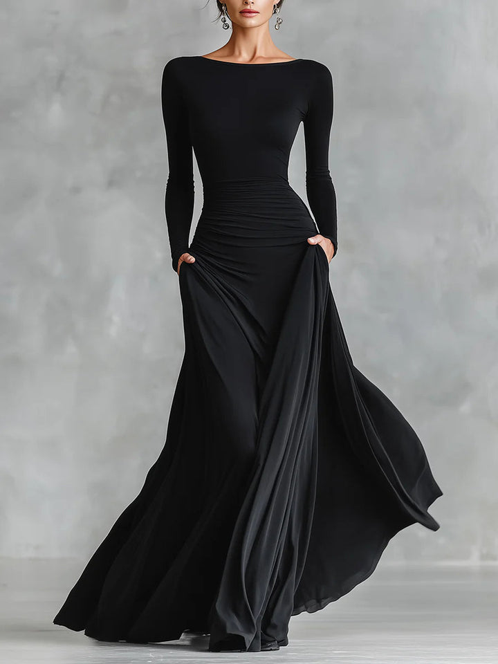 Noémie | Vestido Longo Preto com Decote Bateau & Drapeado Elegante