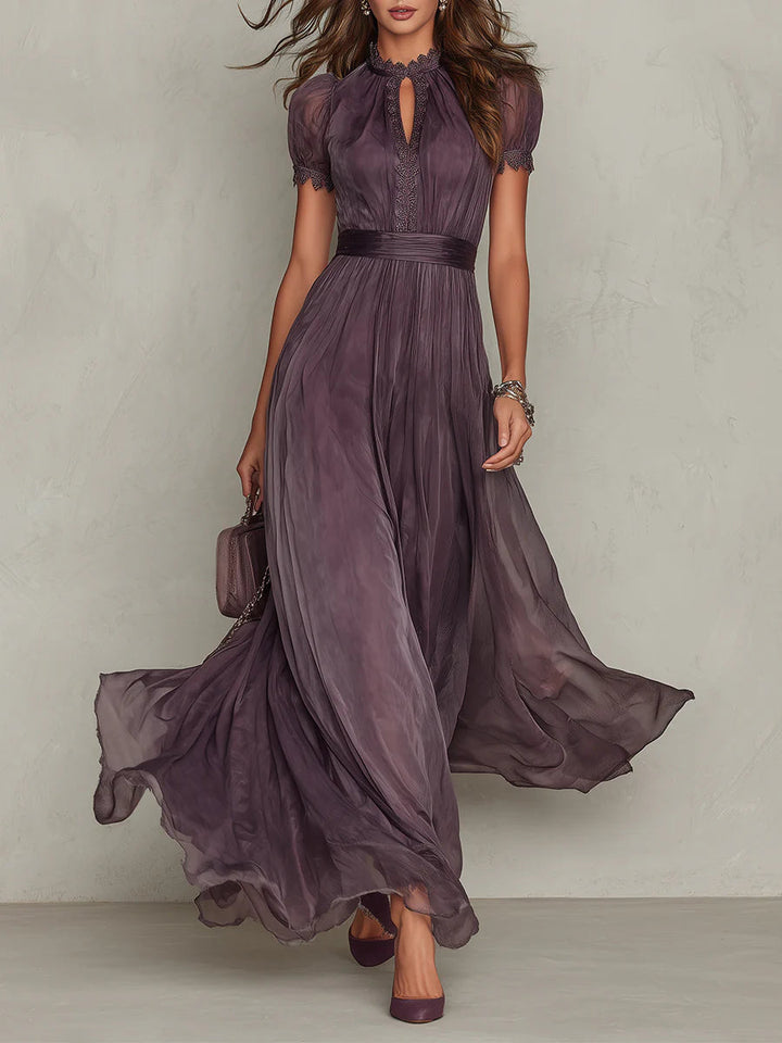 Flavia | Vestido Longo Elegante Violeta Decote Gota Renda
