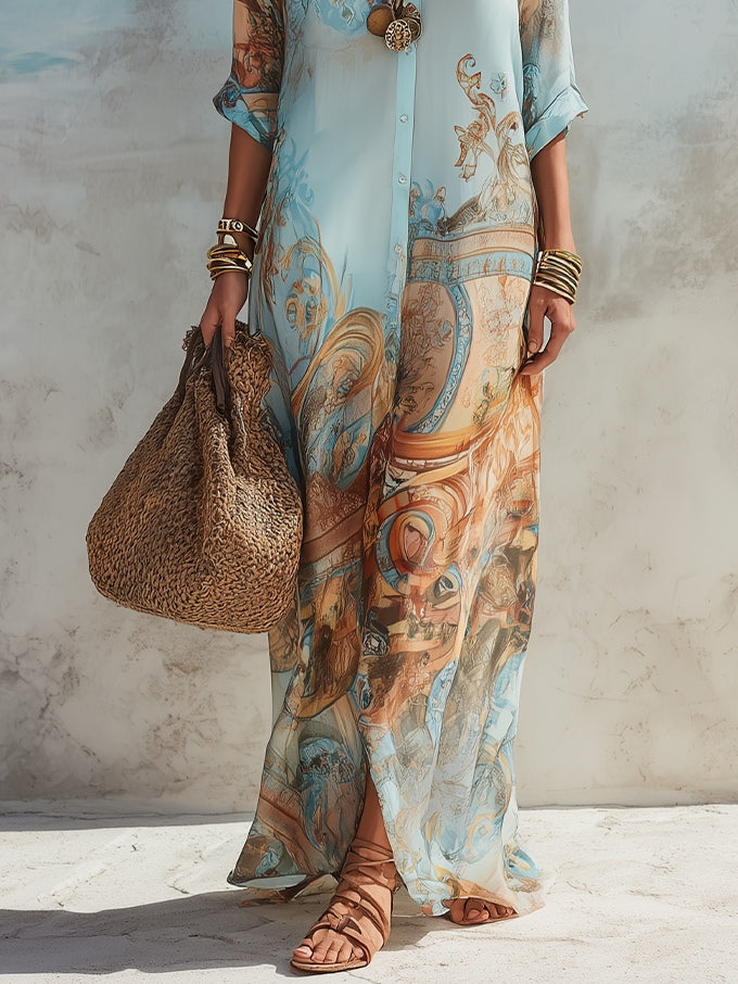 Luisa | Vestido maxi chemisier mediterrâneo