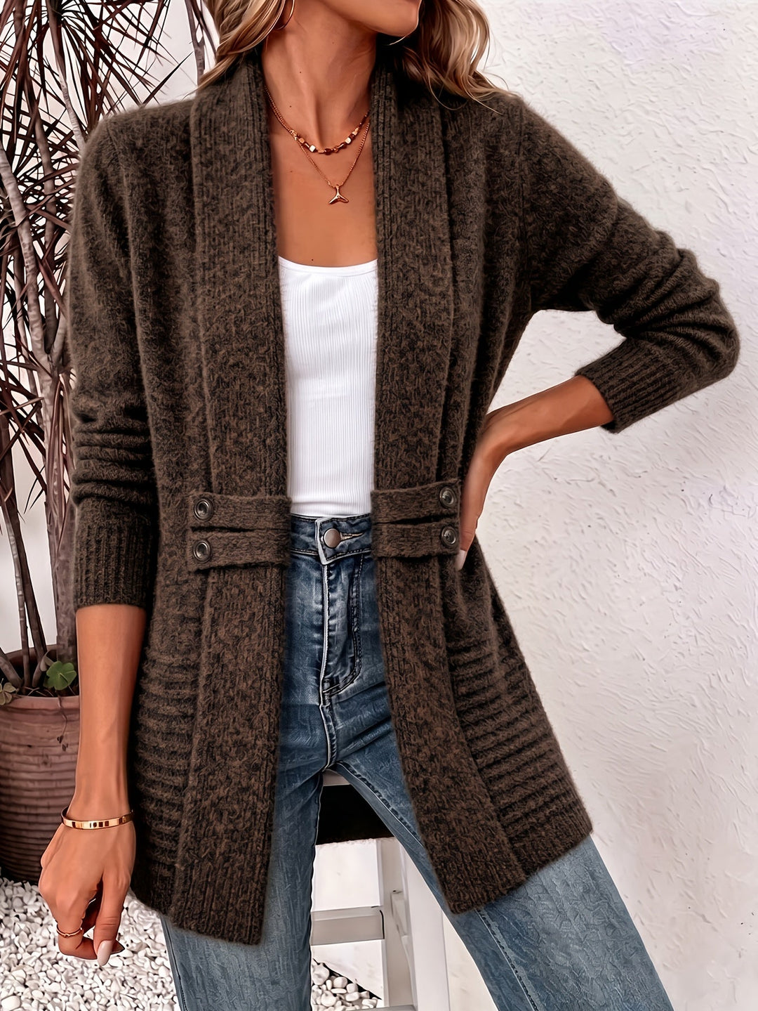 Xalviere | Cardigã Feminino Elegante com Cintura Marcada e Botões Duplos