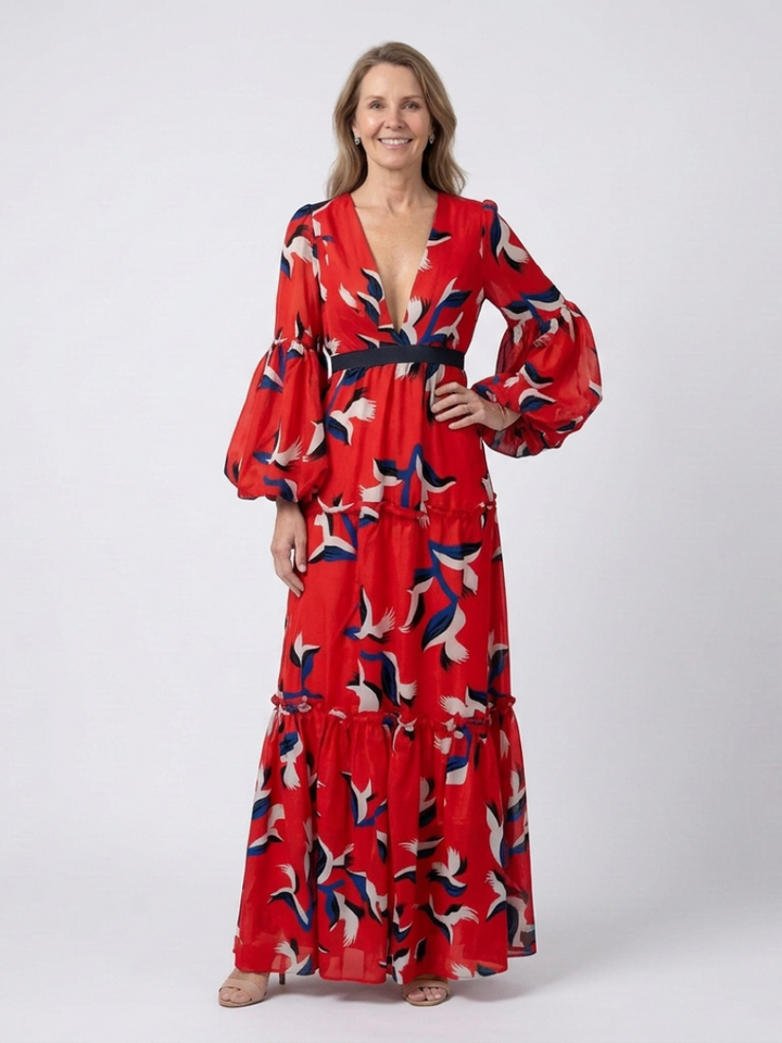 Léa | Vestido maxi de mangas longas e cintura atada