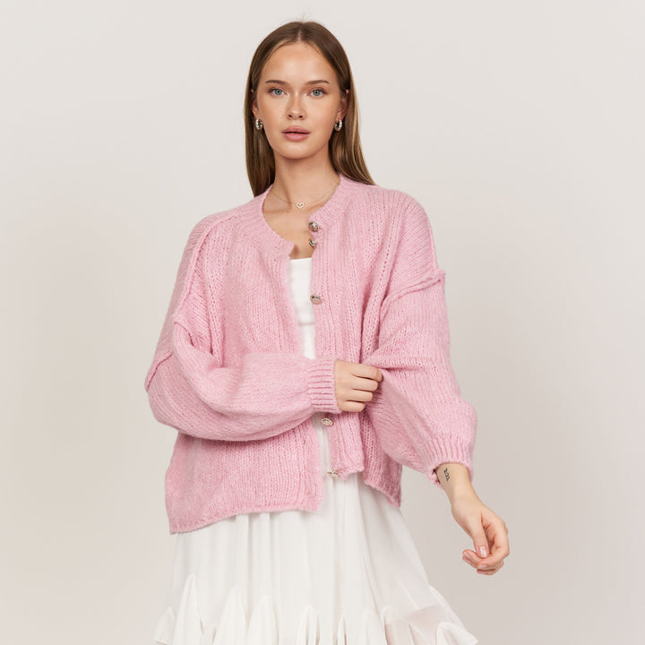 Cardigã Feminino Oversized de Tricô com Botões Dourados
