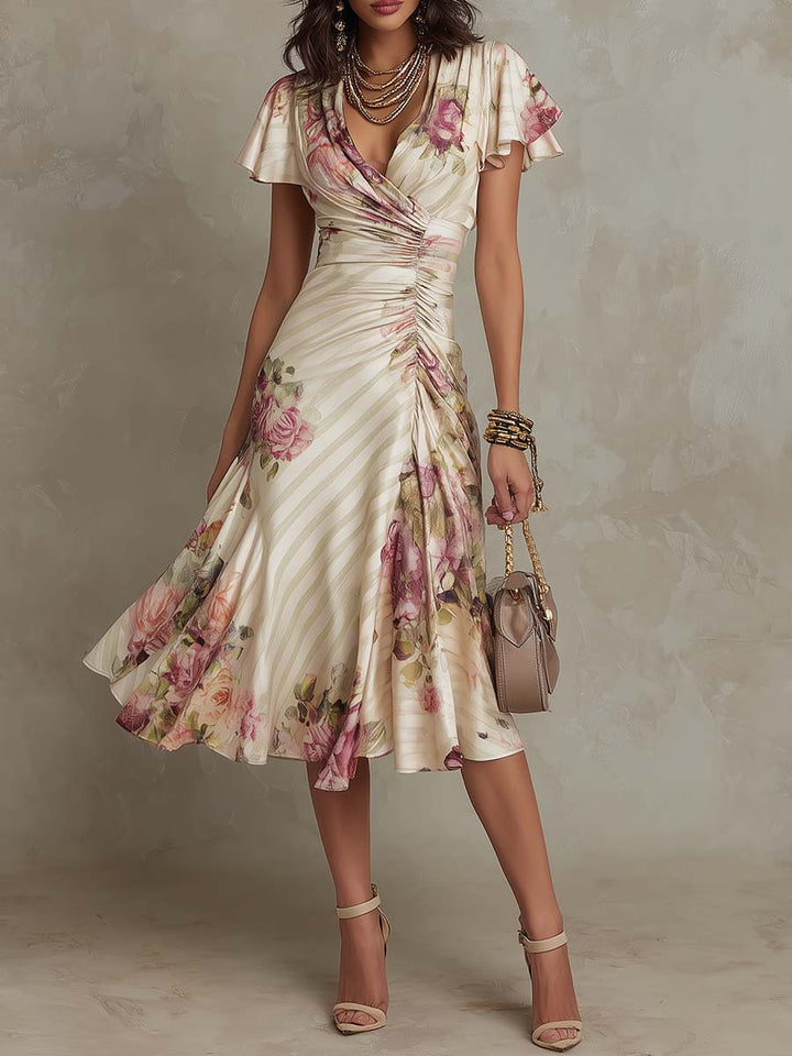 Vestido midi de cetim com padrão floral, elegante e de estilo retro